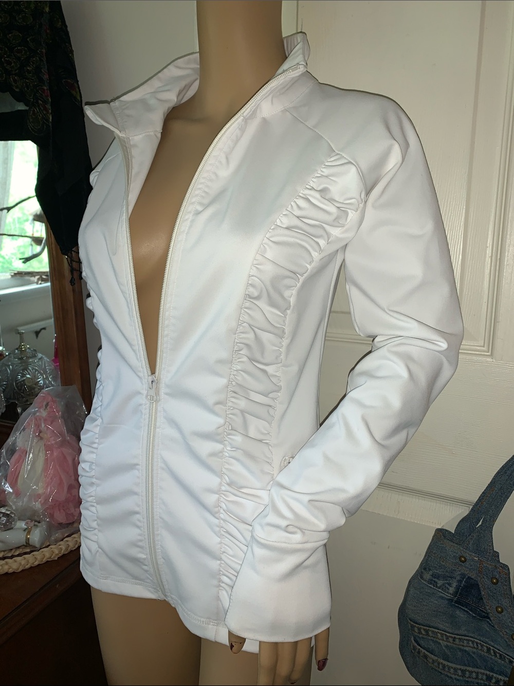 Y2K sexy walking zippered white ruched spandex ruffle longer athletic jacket XS